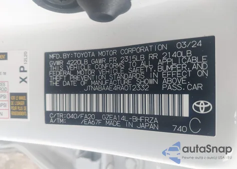 2024 Toyota Gr Corolla Core z USA, uszkodzony, nr VIN JTNABAAE4RA012332